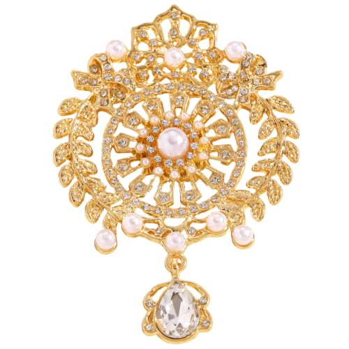 Vintage Floral Rhinestone Brooch Pin for Women Elegant Teardrop Crystal Faux Pearl Corsage Lapel Suit Scarf Dress Hat Art Deco Costume Jewelry - color: Gold