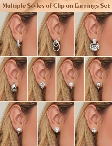LOLIAS Clip On Earrings for Women 14K Gold Plated Clip Earrings Non Pierced | Hypoallergenic Ears Clips CZ Pearl Knot Twist Chunky Hoop and Studs Earring Set Lightweight Fake Earings Jewelry - style: 10Pairs-Silver Plated