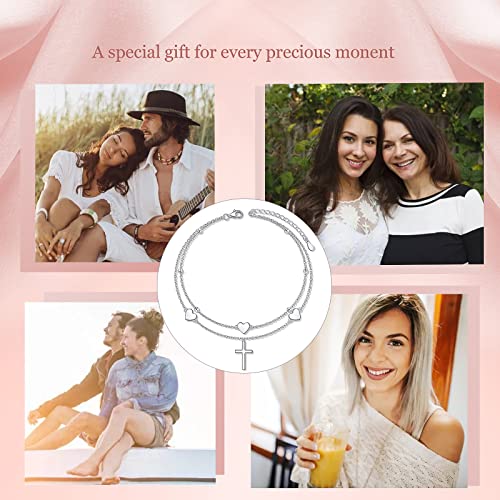 Anklet for Women 925 Sterling Silver Foot Adjustable Ankle Bracelet Jewelry - style: Heart Cross