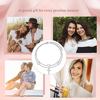 Anklet for Women 925 Sterling Silver Foot Adjustable Ankle Bracelet Jewelry - style: Heart Cross