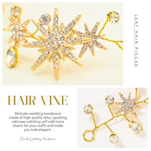 Unicra Star Rhinestone Bride Wedding Hair Vine Gold Bridal Hair Piece Crystal Hair Accessories for Women (21 Inches) - color: Gold