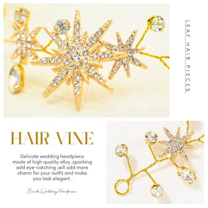 Unicra Star Rhinestone Bride Wedding Hair Vine Gold Bridal Hair Piece Crystal Hair Accessories for Women (21 Inches) - color: Gold