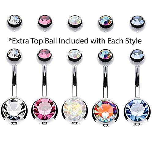 BodyJ4You 5PC Belly Button Rings Set - 14G - Multicolor Surgical Stainless Steel - Shiny CZ Crystals - Clear Pink Aqua Black - Replacement Extra Pack - Women Body Piercing Jewelry - color: Silvertone - Clear, Pink, Aurora, Multicolor, Aqua