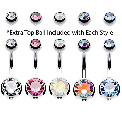 BodyJ4You 5PC Belly Button Rings Set - 14G - Multicolor Surgical Stainless Steel - Shiny CZ Crystals - Clear Pink Aqua Black - Replacement Extra Pack - Women Body Piercing Jewelry - color: Silvertone - Clear, Pink, Aurora, Multicolor, Aqua