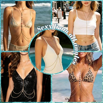 Body Chains for Women Sexy Layered Belly Waist Chains | 14K Gold Plated,Crossover Bikini Bra Chain, Adjustable Beads Chest Chain ,Summer Beach Rhinestone Nightclub, Body Jewelry - style: style B