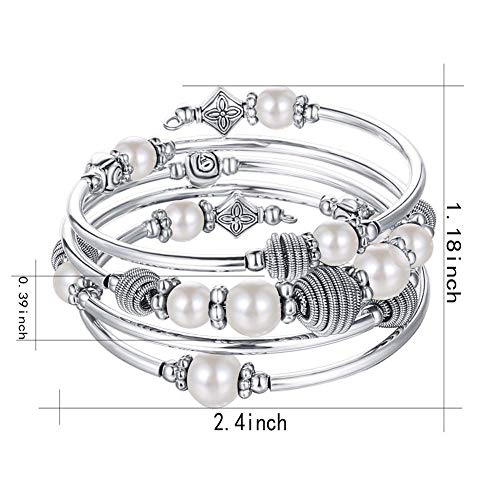 PEARL&CLUB Beaded Chakra Bangle Turquoise Bracelet - Fashion Jewelry Wrap Bracelet with Thick Silver Metal and Mala Beads, Birthday Gifts For Women - color: White Pearl