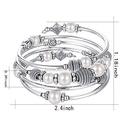 PEARL&CLUB Beaded Chakra Bangle Turquoise Bracelet - Fashion Jewelry Wrap Bracelet with Thick Silver Metal and Mala Beads, Birthday Gifts For Women - color: White Pearl