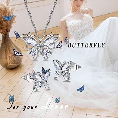 925 Sterling Silver Birthstone Butterfly Jewelry Women Crystal Animal Cute Butterflies Birthday Necklace/Earring/Ring/Bracelet Sets Birth Stone Statement Anniversary Jewellery - color: 1-D.April-Diamond