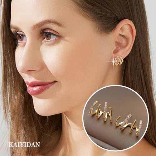 2 Pairs Gold/Silver Hoop Earrings For Women Set Trendy,14K Plated Gold Chunky Huggie Hoop Earings Pack,Oval Twisted Statement Silver Hoops,Fashion Jewelry Gift - color: B11 four clawsCZ studs set