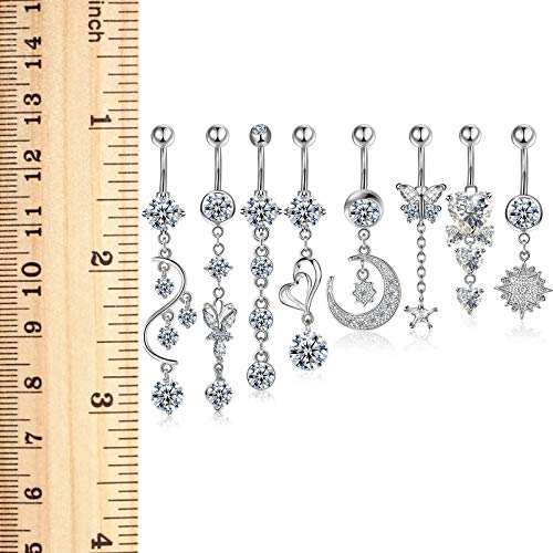 Hicarer 8 Pieces 14G Belly Button Rings Steel Long Dangle Navel Ring CZ Body Piercing Jewelry - color: Silver