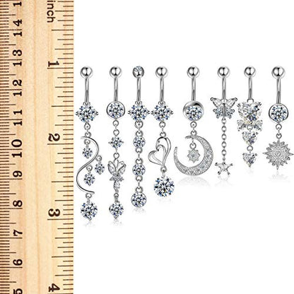 Hicarer 8 Pieces 14G Belly Button Rings Steel Long Dangle Navel Ring CZ Body Piercing Jewelry - color: Silver
