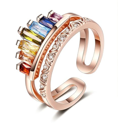 MALOYANVE Rhinestone Crown Open Ring for Women, Colorful Crystal Cubic Zirconia, Rainbow, Adjustable, Elegant Princess Queen Statement Promise Wedding Jewelry - color: Rose Gold