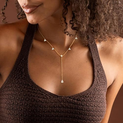 Gold Necklace for Women, Dainty Long Necklace 14k Gold Plated Lariat Long Necklaces for Women Trendy Simple Statement Drop Necklace Fashion Body Chain Prom Jewelry Gold Accessories - color: 3-Gold