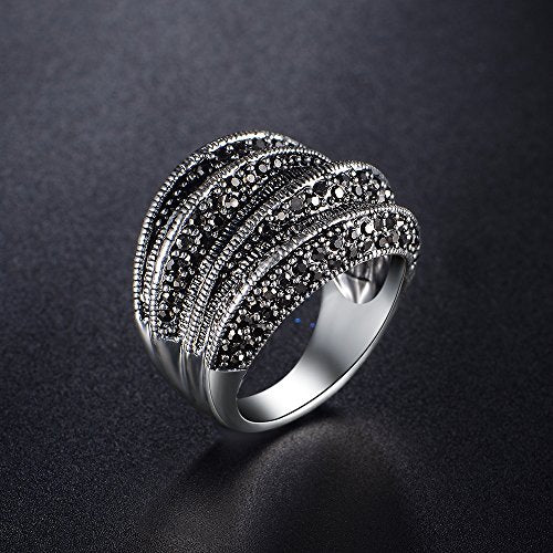 Mytys Statement Rings for Women with Black Zircons, Wavy Design, Vintage Wide Band Ring