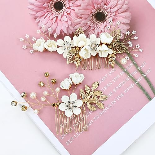 Cinaci 18 Pieces Bridal Wedding Party Prom Pearl Rhinestone White Flower Hair Side Combs Slides+U-shaped Flower Hair Pins+Twist Spiral Hairpins Floral Headpieces for Brides Bridesmaids Women Girls - color: Gold White