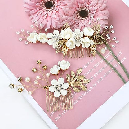 Cinaci 18 Pieces Bridal Wedding Party Prom Pearl Rhinestone White Flower Hair Side Combs Slides+U-shaped Flower Hair Pins+Twist Spiral Hairpins Floral Headpieces for Brides Bridesmaids Women Girls - color: Gold White