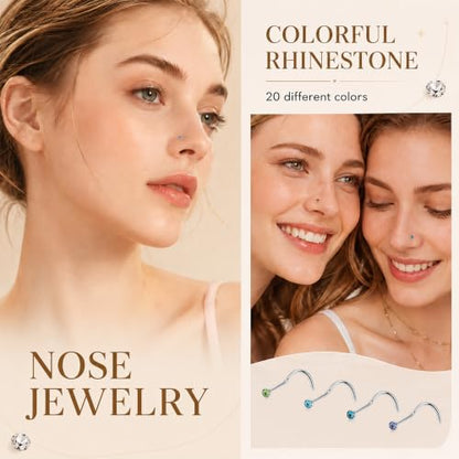 20G Colorful Rhinestone Steel Screw Nose Rings Studs Bar Pin Piercing Jewelry - color: silver