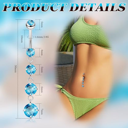 14G G23 Pure Titanium Dangle Belly Button Rings for Women Dangling Belly Ring Curved Barbell Internally Threaded Navel Rings CZ Navel Piercing Jewelry - color: Blue