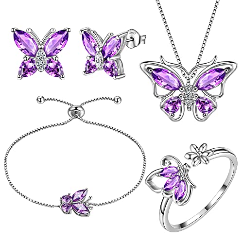 Aurora Tears Butterfly Jewelry,Women 925 Sterling Silver Butterflies Birthstone Pendant Necklace/Earrings/Rings Wedding Gift - color: B.February-set 3