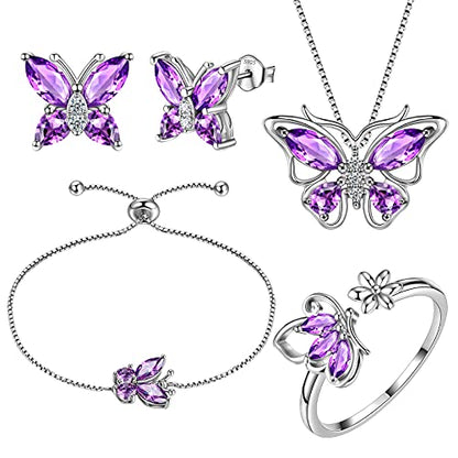Aurora Tears Butterfly Jewelry,Women 925 Sterling Silver Butterflies Birthstone Pendant Necklace/Earrings/Rings Wedding Gift - color: B.February-set 3