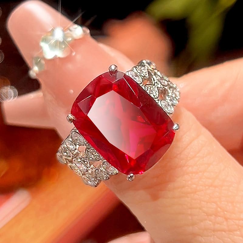 Cushion Cut Gem Cocktail Open Ring For Women, 2 Colors Ruby Sapphire Honeycomb Hollow Full Pave Crystal Formal Statement Ring - color: red