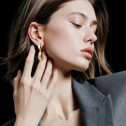 Large Geometric Drop Dangle Earrings for Women Pearl Teardrop Disc Rectangle Oval Fishtail Shell Shaped Textured Dangle Studs Earrings for Women - color: Gold-Polished