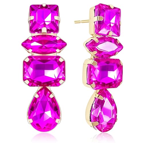 Dainty Sparkly Crystal Square Teardrop Circle Dangle Drop Earrings Long Chic Glitter Rhinestones Geometry Stud Earrings For Women - style: Rose Red