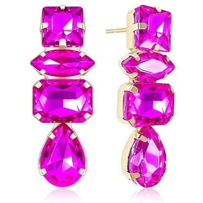 Dainty Sparkly Crystal Square Teardrop Circle Dangle Drop Earrings Long Chic Glitter Rhinestones Geometry Stud Earrings For Women - style: Rose Red
