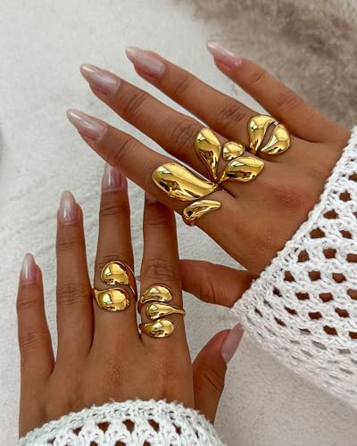 Chunky Gold Shell Starfish Ring Set for Women Trendy Gold Flower Scallop Seashell Starfish Gemstone Rings Adjustable Stacking Statement R-ings Non Tarnish Spring Summer Jewelry Accessories - color: A7:5 pcs