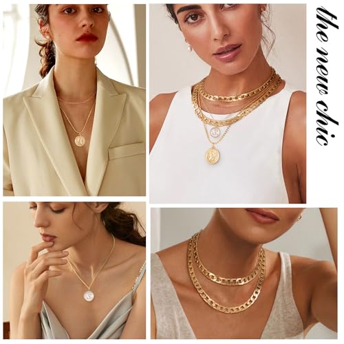 MJartoria Layered Necklaces for Women Trendy Retro Mother of Pearl Coin Letter Pendant Necklace Dainty Chunky Chain Choker Necklaces for Jewelry Birthday Gifts - style: S