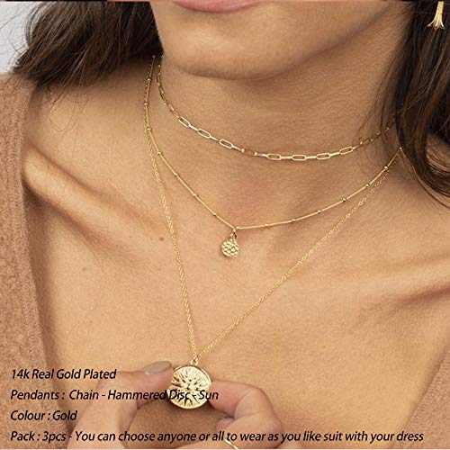 Turandoss Gold Layered Necklaces for Women - 14K Gold Plated Handmade Multilayer Bar Pearls Coin Disc Moon Butterfly Medallion Adjustable Dainty Layered Choker Necklaces for Women Jewelry - style: 3PCS - Chain&Hammered Disc&Sun