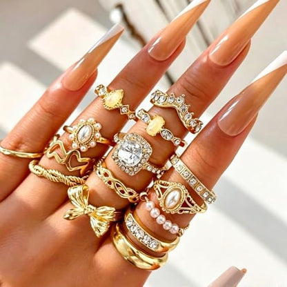 Gold Stackable Ring Set for Women, Dainty Fashion Rings Set with Pearl, Crystal, Heart, Bow and Wave Design, Trendy Midi Finger Rings Jewelry Gift - color: A1