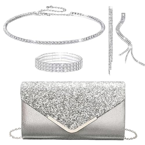 YYW 4 Pieces Women Evening Handbags Clutch Purse Bag with Rhinestone Crystal Jewelry Set for Wedding Party - color: Silver