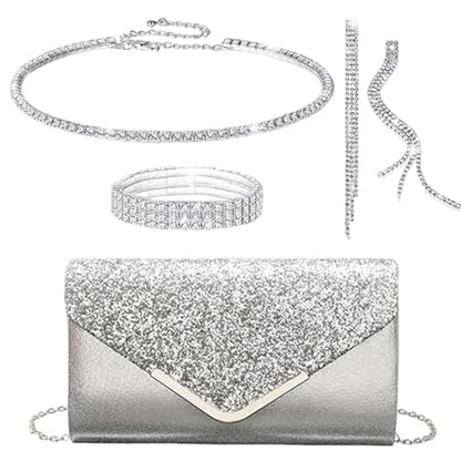 YYW 4 Pieces Women Evening Handbags Clutch Purse Bag with Rhinestone Crystal Jewelry Set for Wedding Party - color: Silver