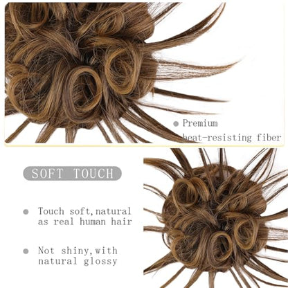 HMD Tousled Updo Messy Bun Hair Piece for Women Synthetic Hair Extension | Messy Bun Hair Piece with Elastic Scrunchie Synthetic Tousled Updos Ponytail Hairstyles for Daily Wear - color: Brown Mixed Blonde