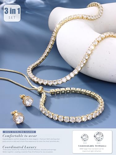 Jstyle 925 Sterling Silver Jewelry Set for Women - Dainty Tennis Necklace Bracelet Earrings Set Hypoallergenic Rhinestone Wedding Jewelry Sets for Brides Bridesmaids Crystal Prom Costume Accessories - color: Style C: 14K Gold Plated