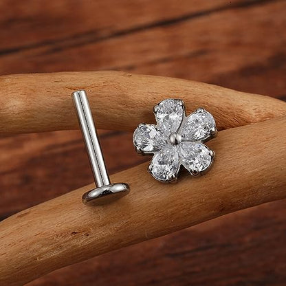 FINE4U 1PC ASTM F136 Titanium 16G Flatback Stud for Tragus, Helix, Conch 6mm 8mm - Screw on Cartilage Earring Piercing Jewelry - color: CZ Flower - Gold