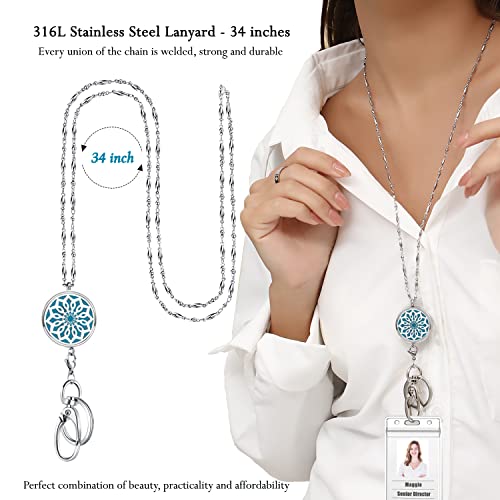Lanyards for ID Badges for Women, Lanyard with ID Holder, Flower | Silver Stainless Steel Key Chain, Long Keychain, Teacher Lanyard Badge Diffuser Necklace Nurse Work Jewelry Gifts - color: 5-flower