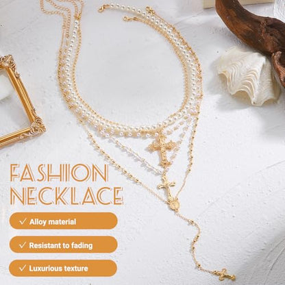 Layered Cross Necklace Set for Women, Layered Choker Necklaces Trendy Jewelry, Colorful Enamel Beaded Y-Shaped Lariat Necklace, Boho Multilayer Cross Necklace for Party and Daily Wear - color: Gold-07