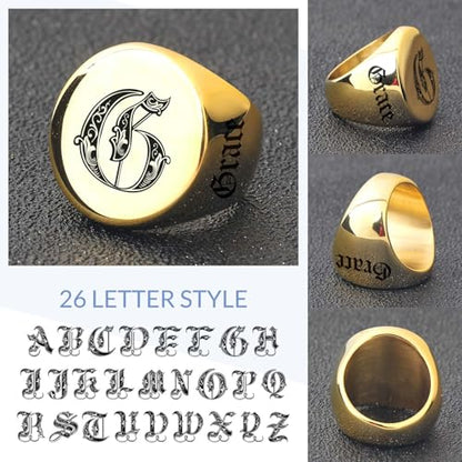 Custom Signet Ring for Men Personalized Initial Ring Custom Mens Rings Engraved Ring Customized Memorial Graduation Gifts for Father Husband Boyfriend Friends - color: Round Gold