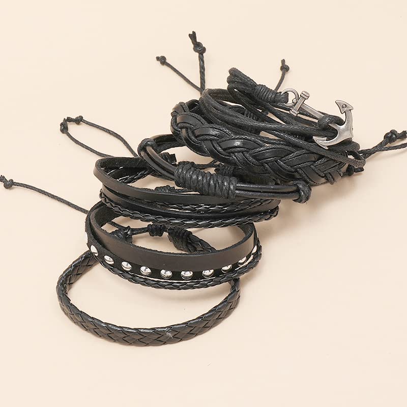Leather Cuff Bracelet for Men Women, Multilayer Braided Wristband, Adjustable 6.5-9.5 Inches Wrap Bracelets Punk Gothic Grunge - color: Anchor set - 6Pcs