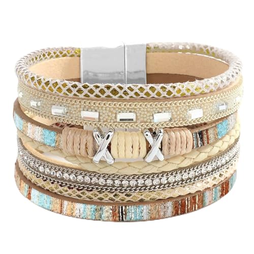 Fesciory Leather Wrap Bracelet for Women, Boho Western Layered Cuff Jewelry | Stackable Bracelets, Easy-On Clasp, Daily Wear, Pairs with Boho Western Outfits, Gift for Women - color: Khaki4