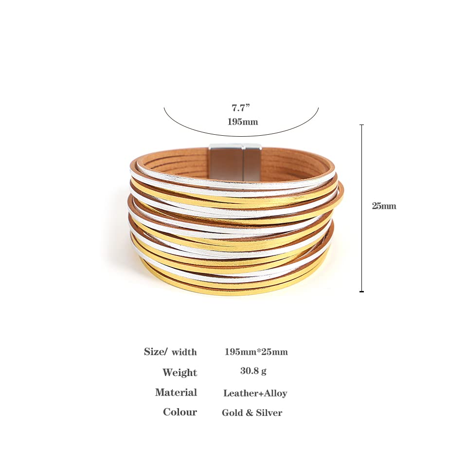 hotoo Leather Wrap Bracelet for Women - color: Gold and silver