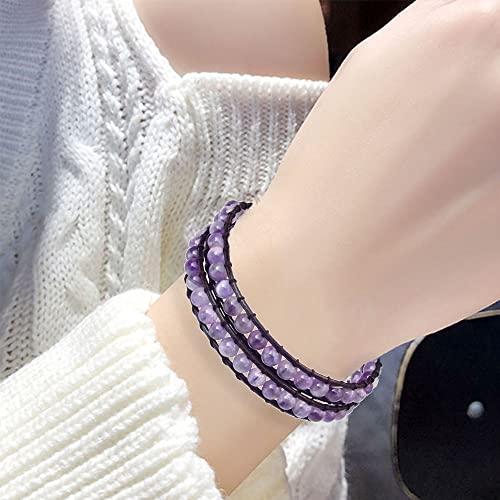 Genuine Stone Wrap Bracelets for Women Natural Crystal Beaded Wrap Bracelet 2/3/5 Adjustable Bohemian Bracelets Jewelry Gifts for Women Mom - color: amethyst(2 wraps)