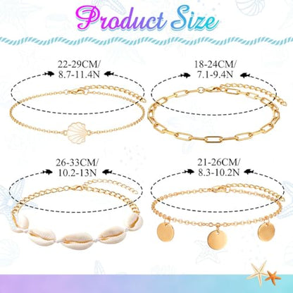 Sea Shell Starfish Anklet with Pearl Charms, Layered Heart Beach Statement Chunky Ankle Bracelet, Gold Tone Chain - color: Gold C