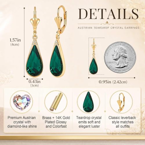 Teardrop Austrian Crystal Leverback Dangle Drop Earrings for Women | 14K Gold Plated,Classic Teardrop Elegance,Leverback for Easy Secure Wear,Gift Box Included, Brighten Up Daily and Party Looks - color: Emerald Green