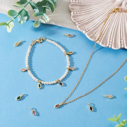 9Pcs Horse Eye Cubic Zirconia Charms Crystal CZ Stone Birthstone Dangle Charms Golden Brass Necklace Pendants for DIY Earring Bracelet Craft Jewelry Making 12x4x3.5mm - color: Horse Eye