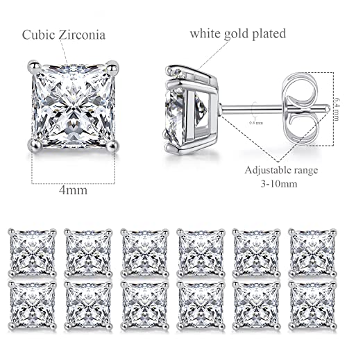 Stud Earring Set for Women Men 18K Yellow/White Gold Plated Princess Cut 4 Prong Graduated Square Clear Cubic Zirconia Pakc of 6 Pairs 3-7mm - color: White gold-4mm-6 pairs