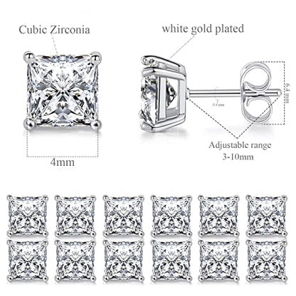 Stud Earring Set for Women Men 18K Yellow/White Gold Plated Princess Cut 4 Prong Graduated Square Clear Cubic Zirconia Pakc of 6 Pairs 3-7mm - color: White gold-4mm-6 pairs