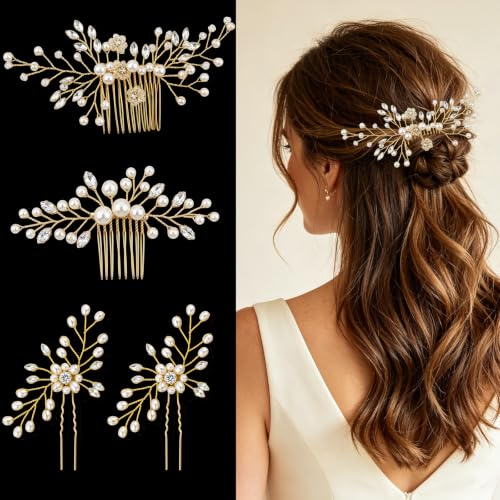 4 Pcs Bridal Pearl Hair Pins, Wedding Hair Comb Accessories with Rhinestone Bridal Headpiece Jewelry for Brides Bridesmaids Women Updo (Pearl) - color: Pearl-Crystal